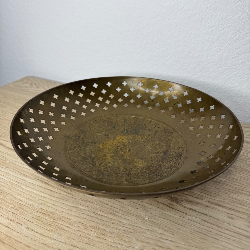 Vintage Brass Bowl Etched Floral Perforated Pedestal Dish Made in India 10 Inch